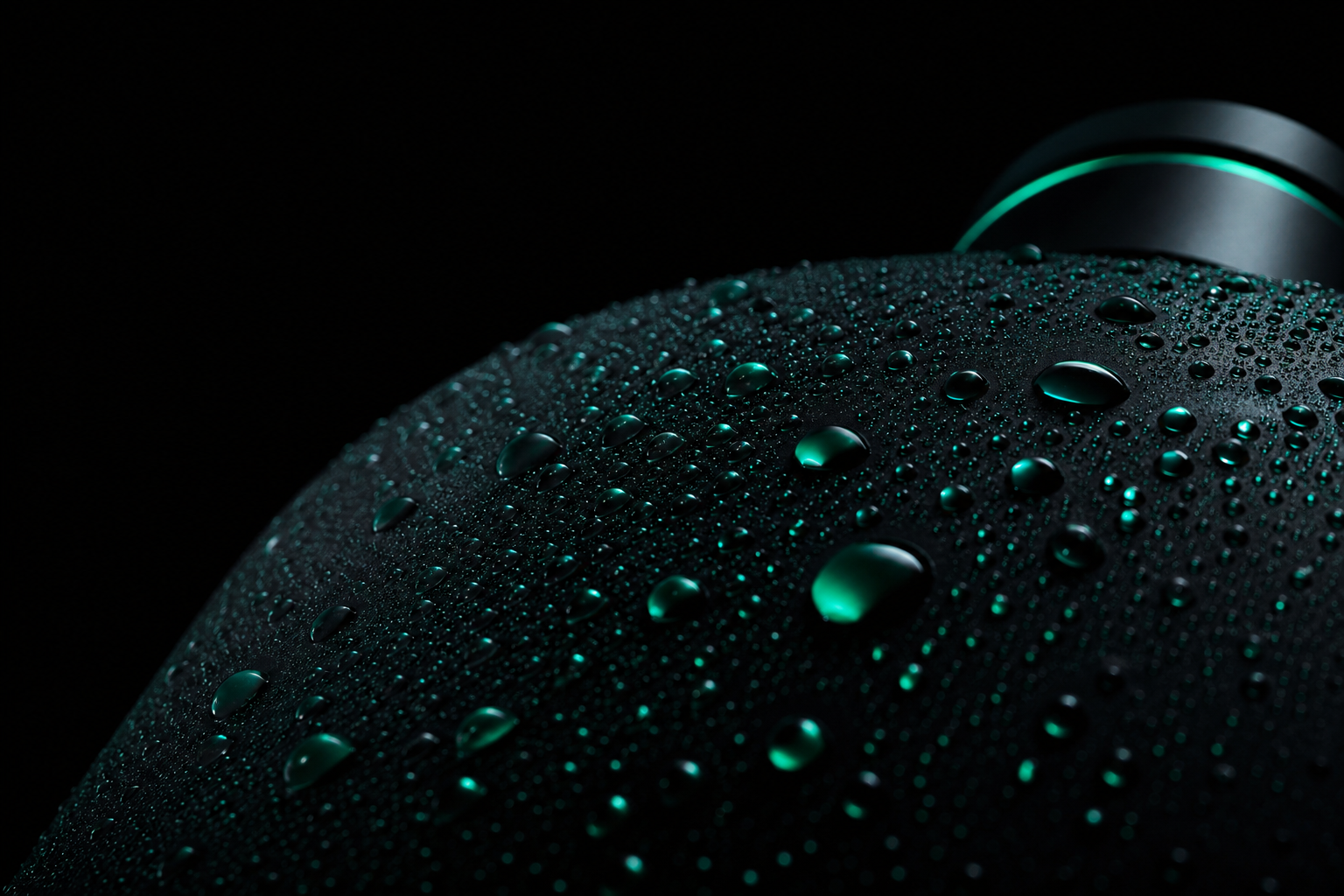 Extreme macro of water droplets on matte black glass catching a thin teal light