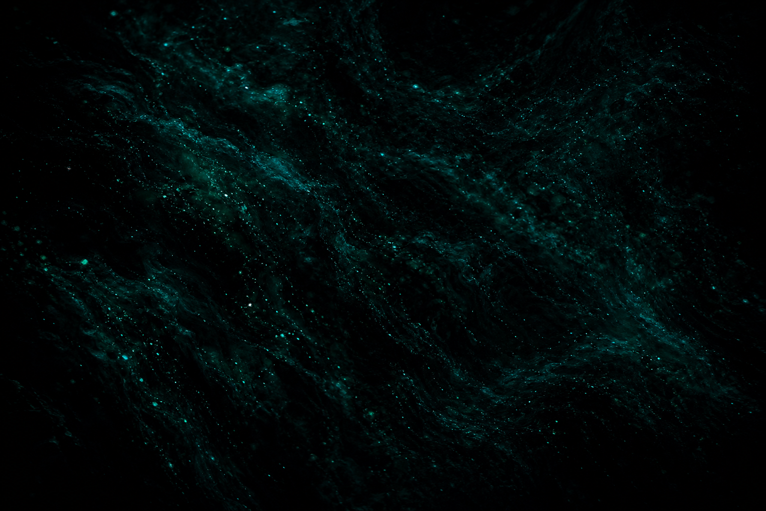 Bioluminescent teal particles drifting through black abyssal water