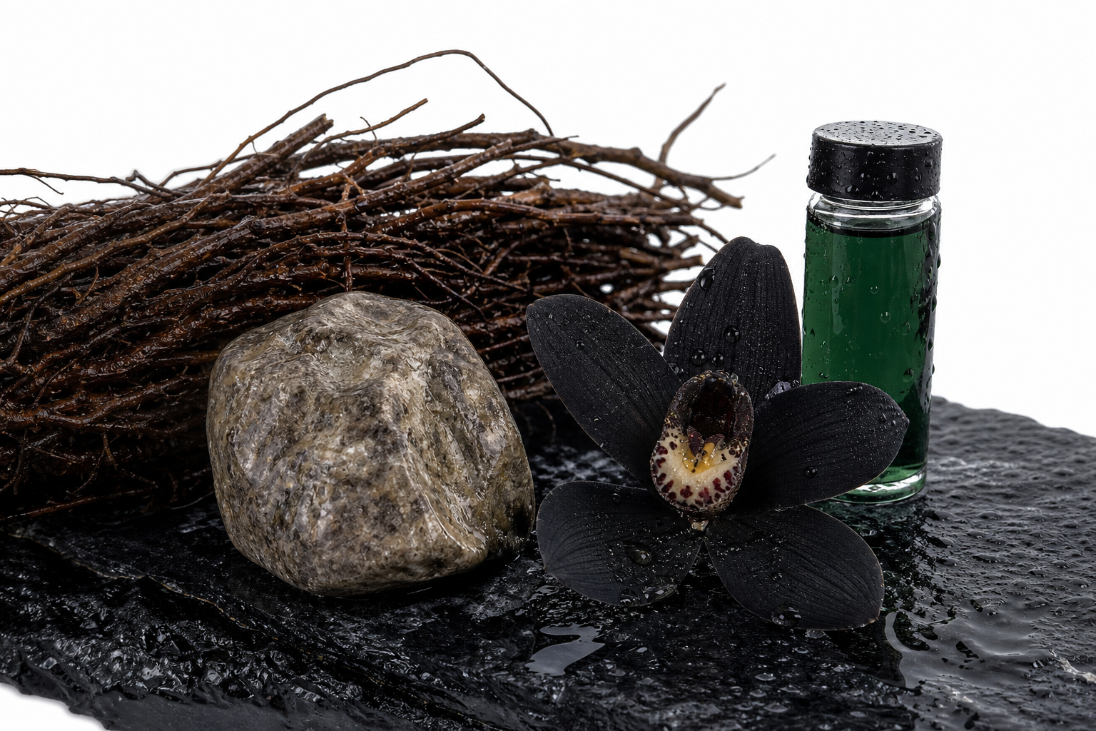 Raw perfume ingredients — vetiver roots, ambergris, black orchid and a vial of deep green oil on wet black slate