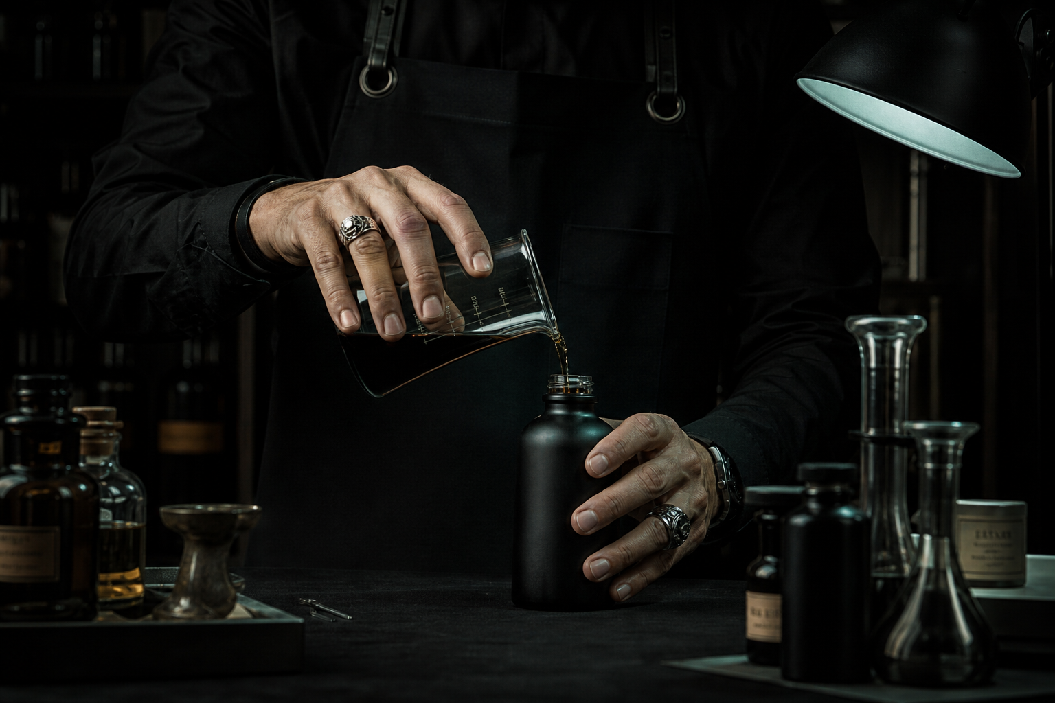 A perfumer's hands decanting dark liquid into a matte black bottle under cold lamplight