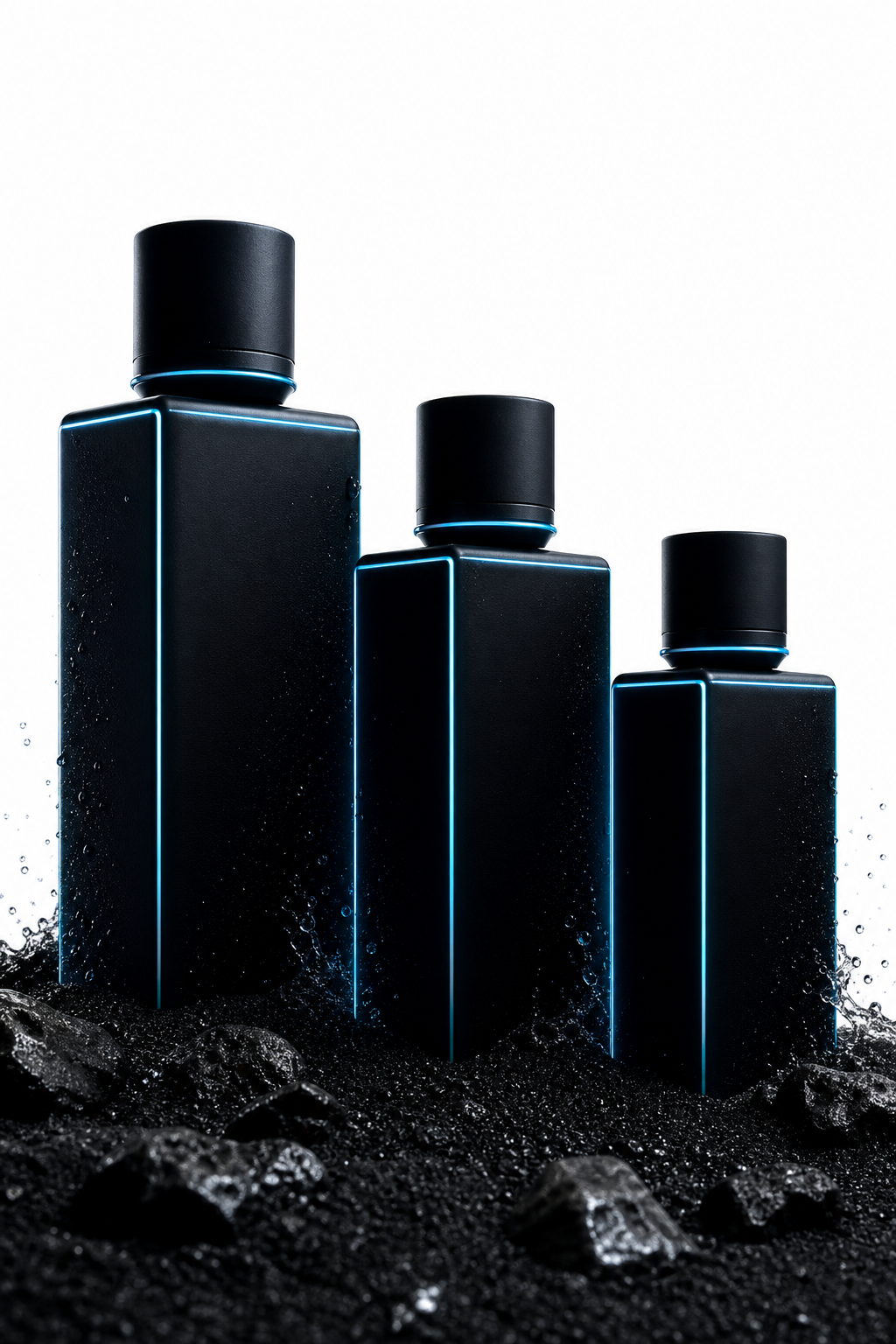 Three matte black flacons of descending heights on black volcanic sand, edges traced in cyan light